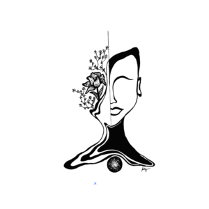Art print for home decor of a black and white abstract line drawing of an image of a face with flowers growing out of half of it and a geometrical circle underneath the neck